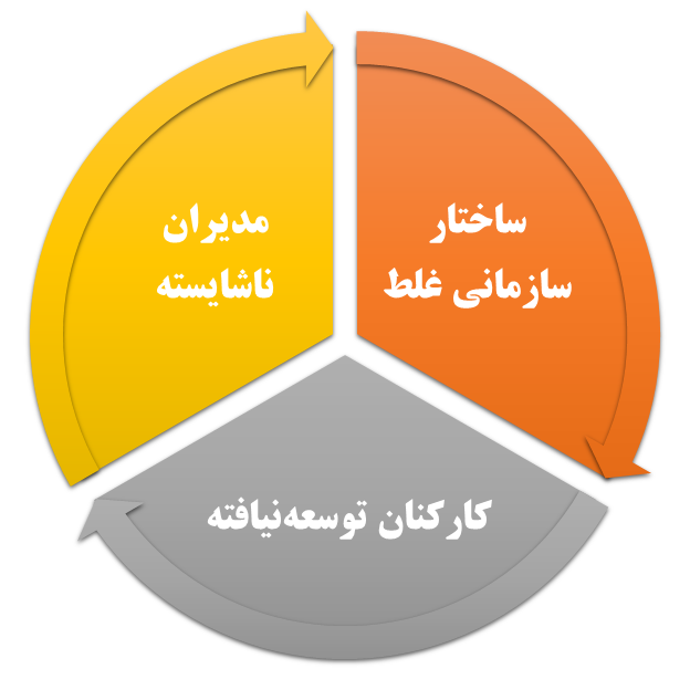 ظهور پدیده «انفجار نادانی» در تعامل سه حلقه: مدیریت‌ها، ساختارها، و کارکنان در ارتباط متقابل با هم.